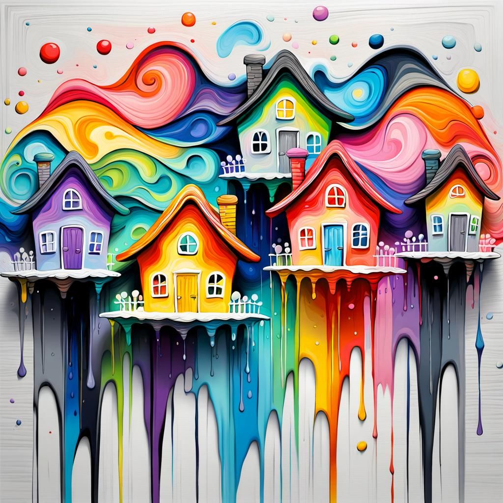 Whimsical Rainbow Houses in Acrylic Paint Pouring