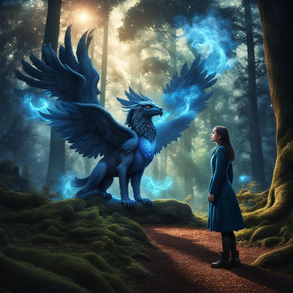 Ethereal Forest Gryphon Scene in Hyperrealism