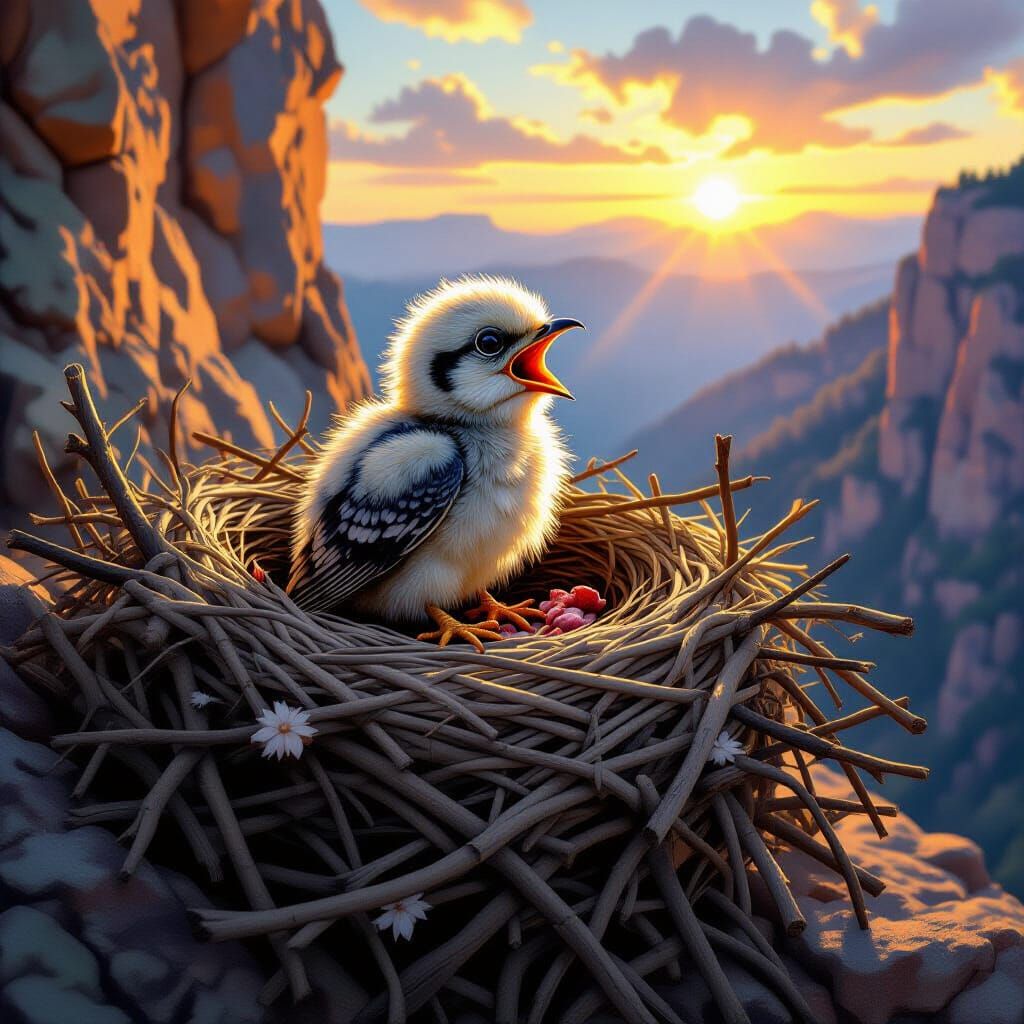 Fluffy Cuckoo Chick in Eagle's Nest at Sunset