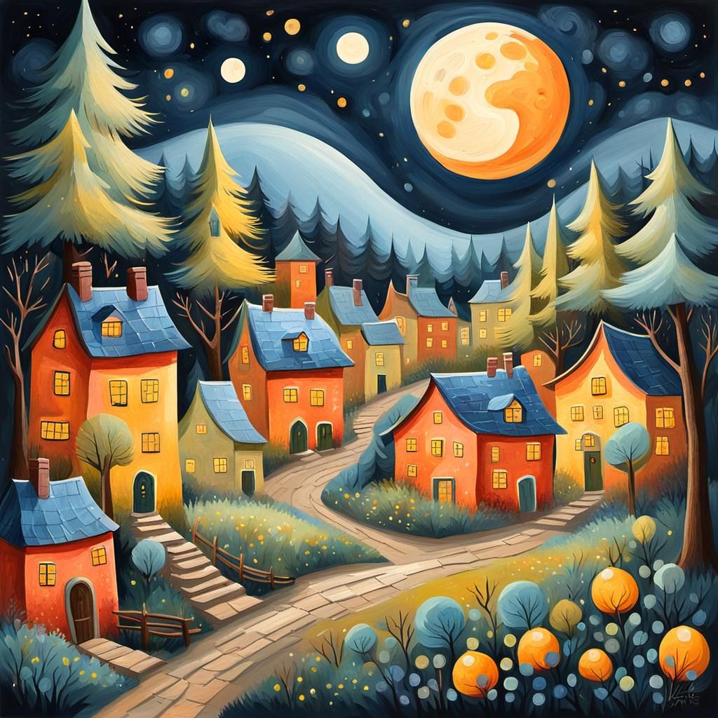 Whimsical Naive Art Village Under Moonlight