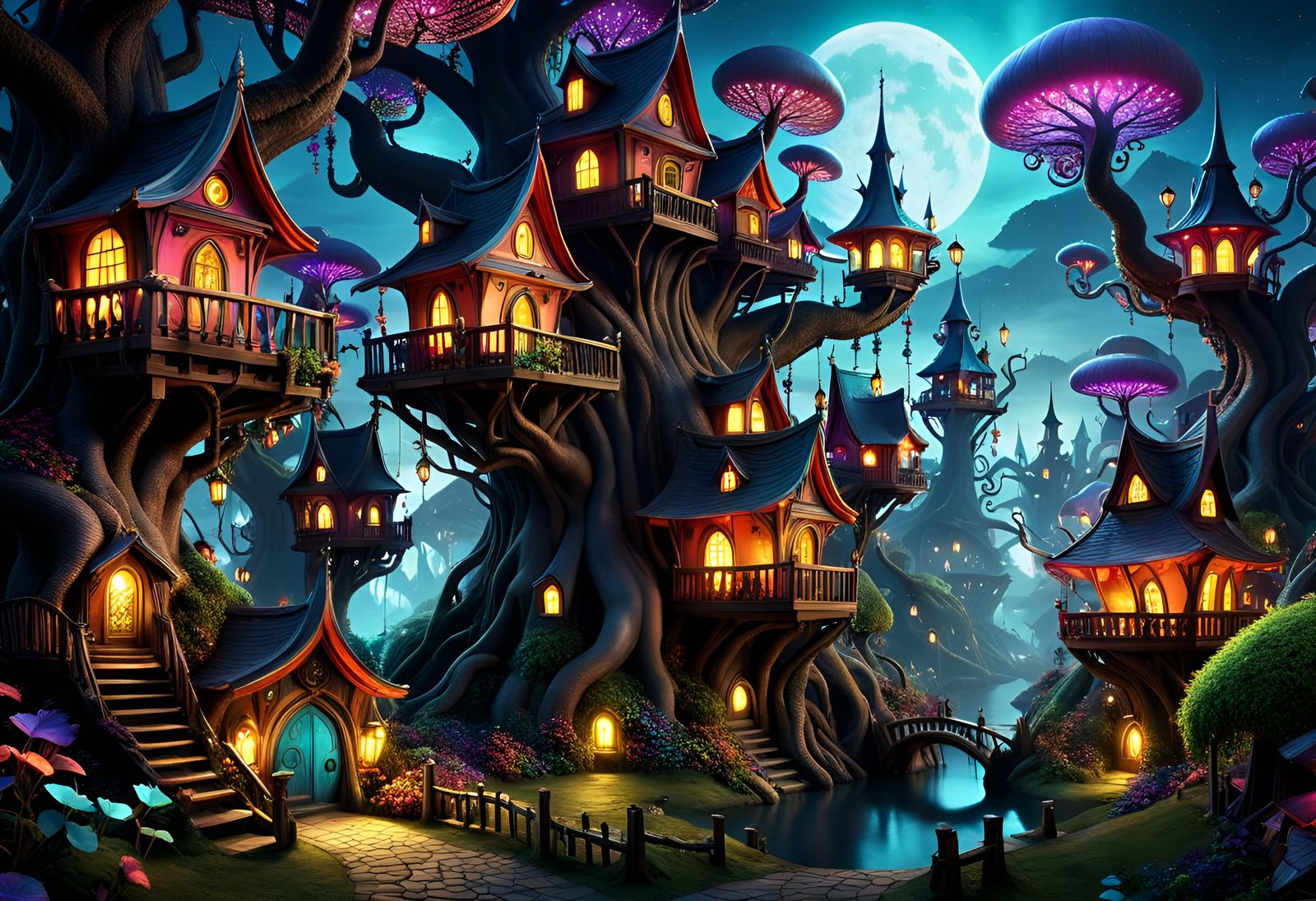 Goblincore Tree Village in Dark Fantasy Style