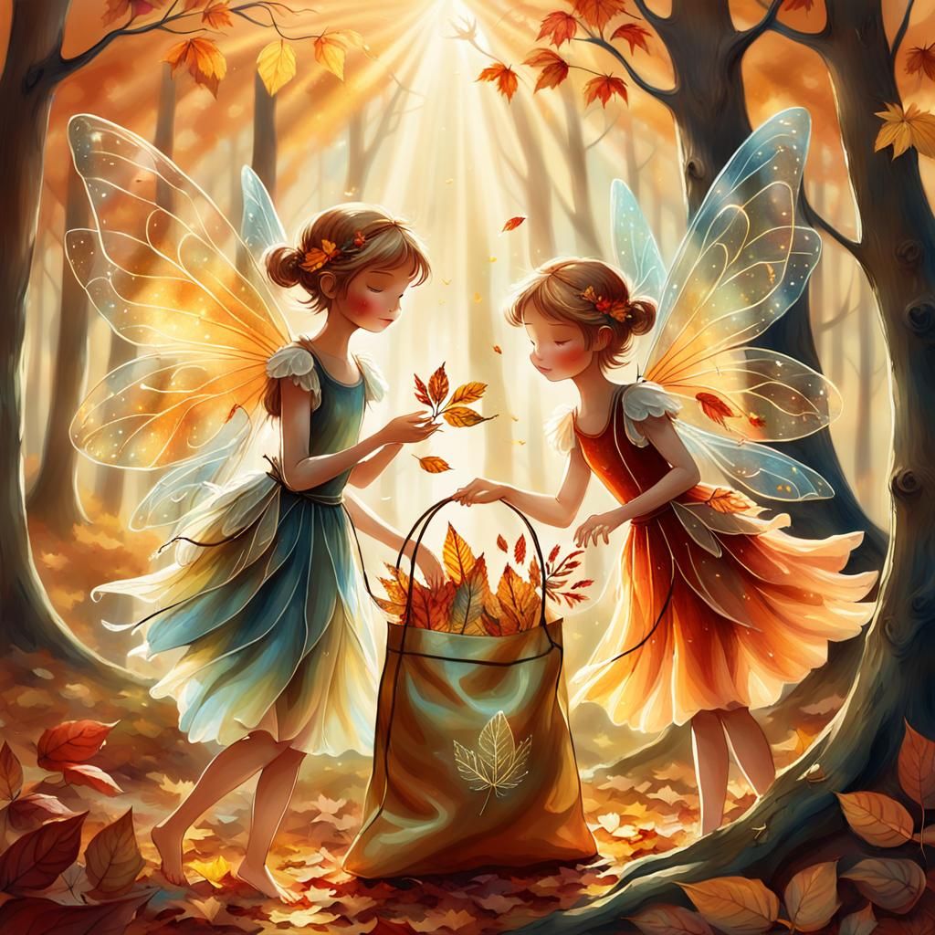 Fairies Collecting Autumn Leaves: Fantasy Illustration