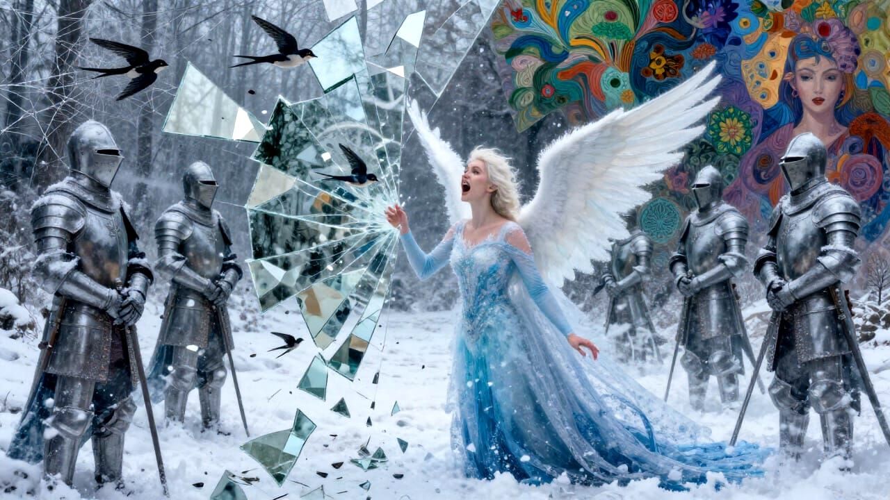 Frozen Angel Shattering Mirrors in Cosmic Winter Landscape