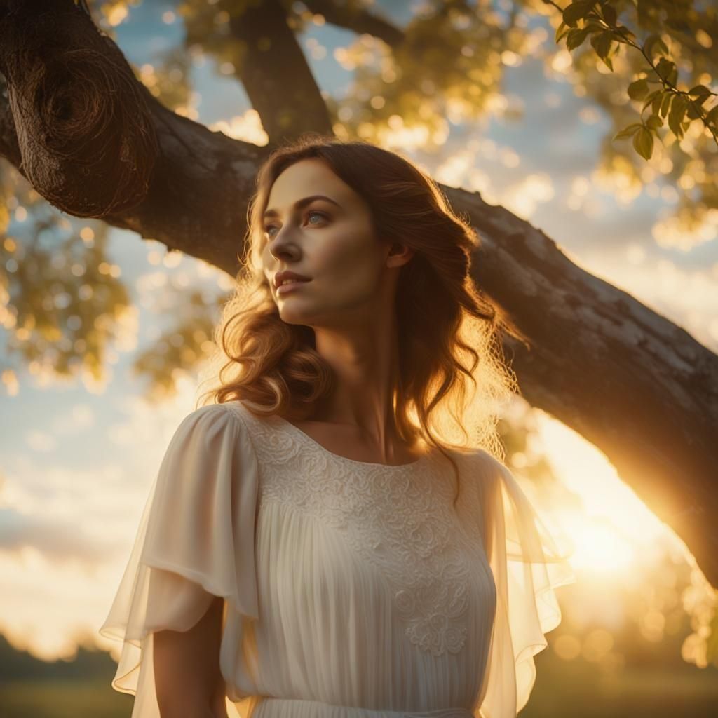 Woman in White Dress in Heavenly Sunshine