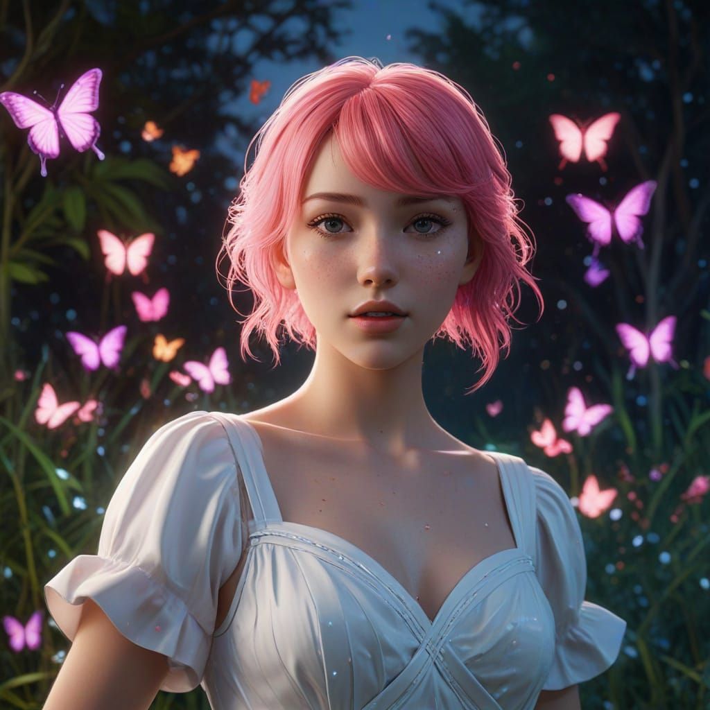 Anime Girl Dancing with Butterflies in Neon Retro Style