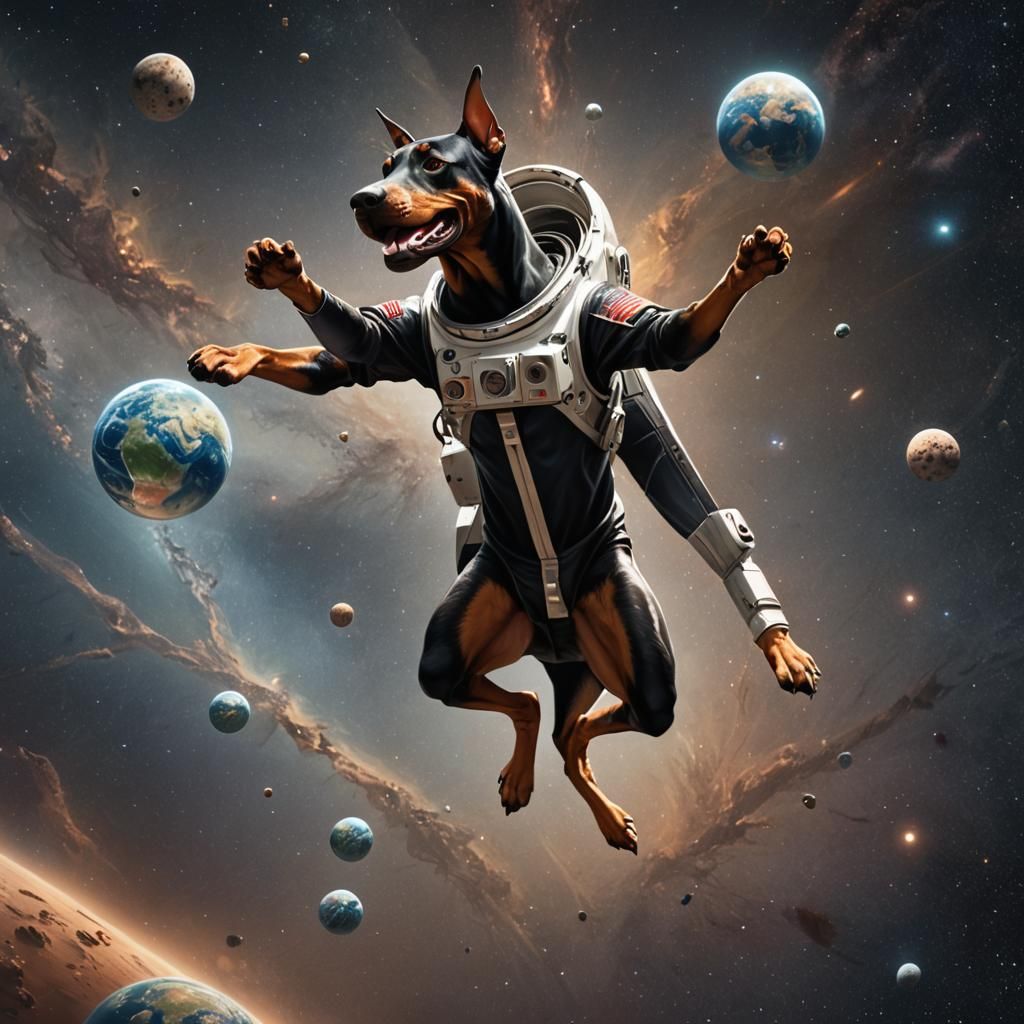 Doberman Astronaut Floating in Space, Dark Fantasy Art
