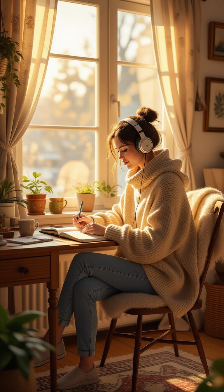 Person Journaling in Golden Light: Photorealistic Art