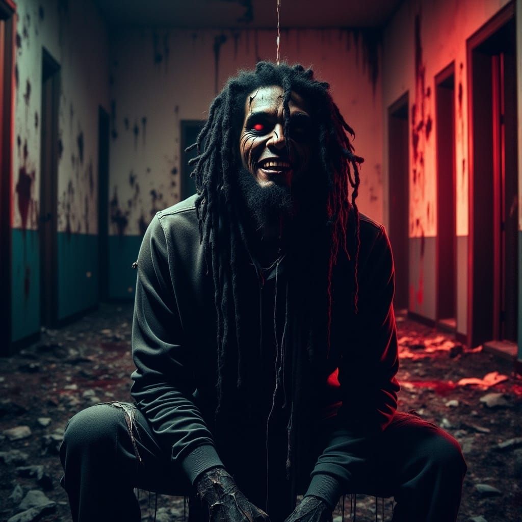 Dark Fantasy Figure Amidst Abandoned Hospital Decay