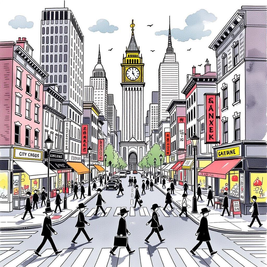 Busy City Crossroads with Clocktower in Illustration Style