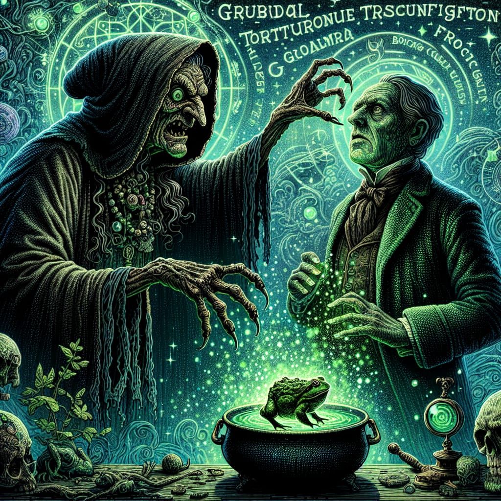 A witch casting a spell to turn the man into a frog.