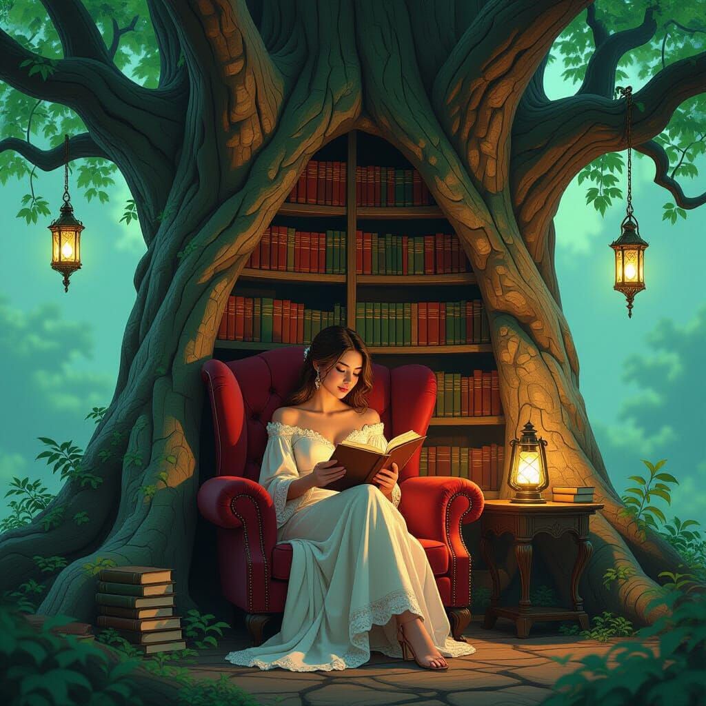 Enchanting Reading Nook in Ancient Tree