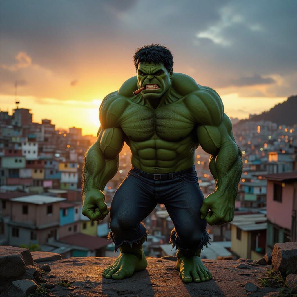 Hulk Smoking in Vibrant Favela at Sunset