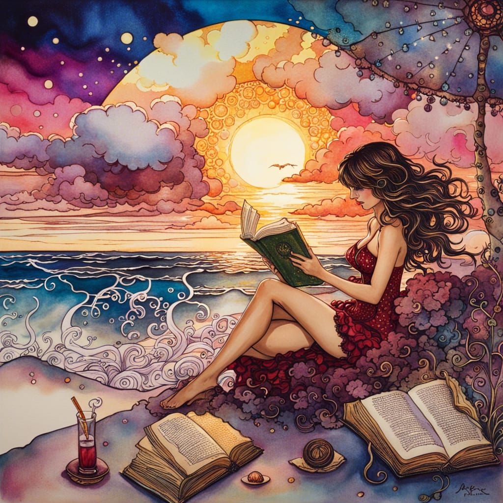 Brunette on Beach in Arthur Rackham Style