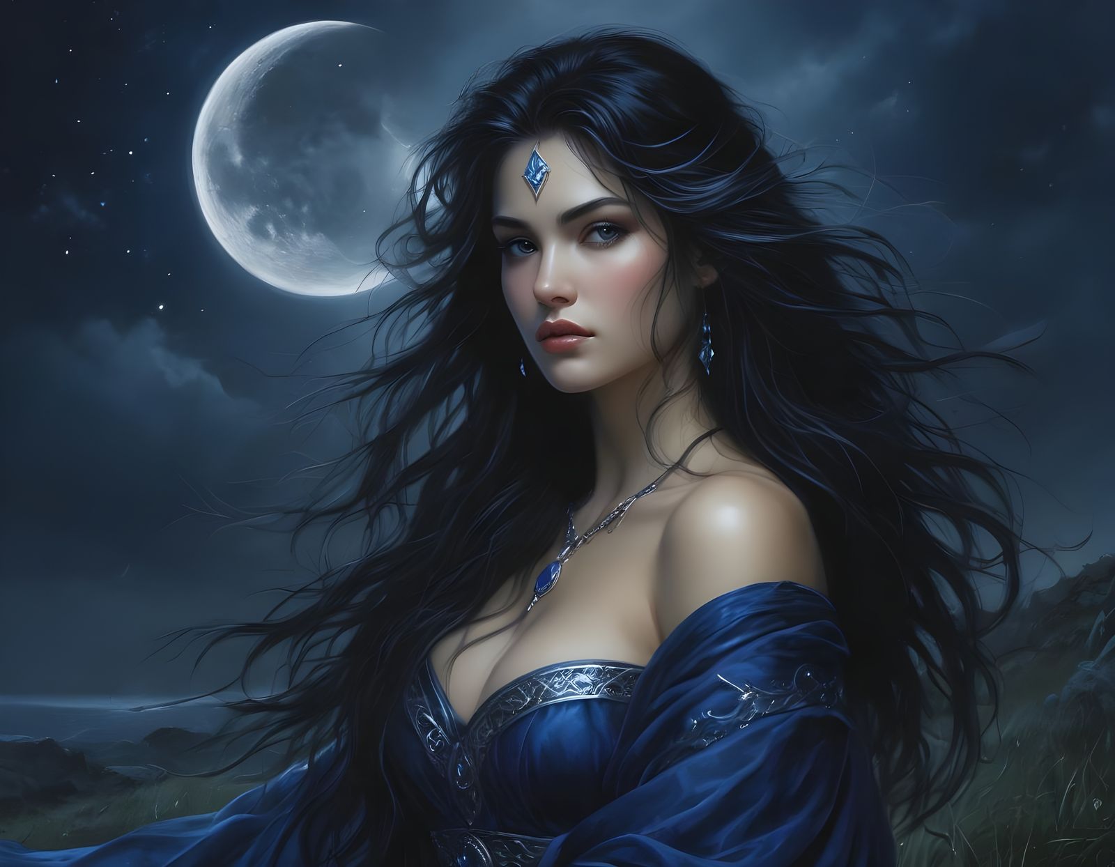 Moonlit Goddess in Dark Blue Robe with Diamond Stars