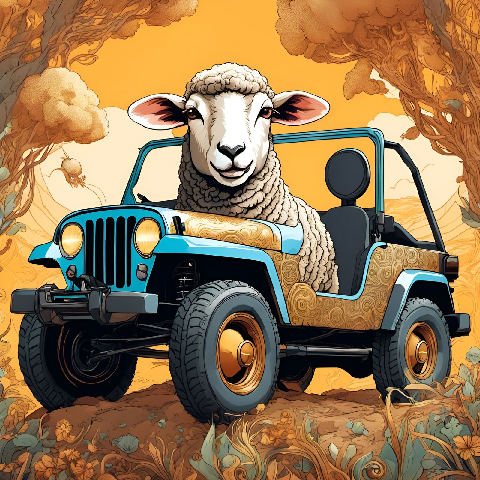 Sheep Drives Jeep: Adorable Portrait Art