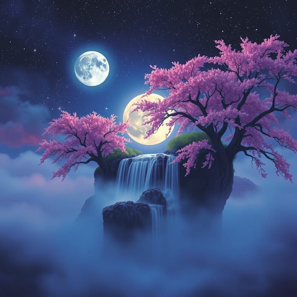 Surreal Moonlit Paradise with Majestic Waterfall and Blossom...