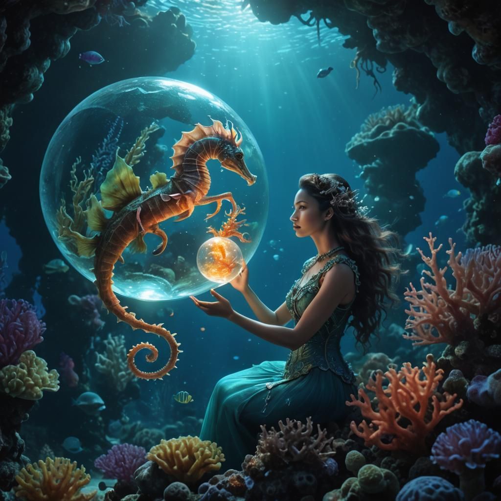 Bioluminescent Seahorse Woman in Jules Verne Style