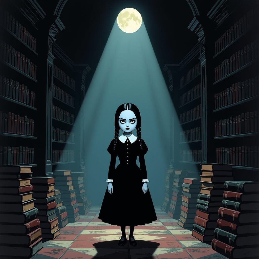 Wednesday Addams in Gothic Library, Dark Painterly Style