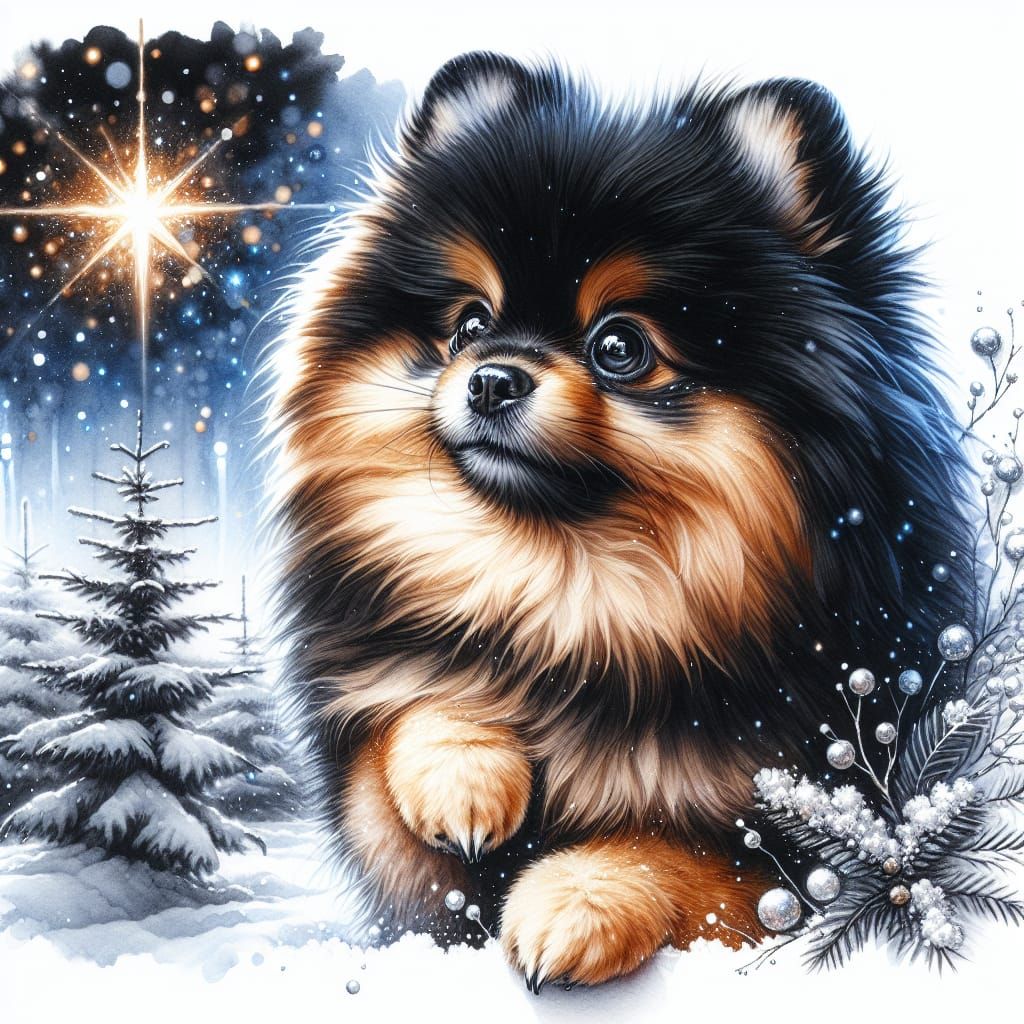 Photorealistic Watercolor Portrait of a Pomeranian in Starry...