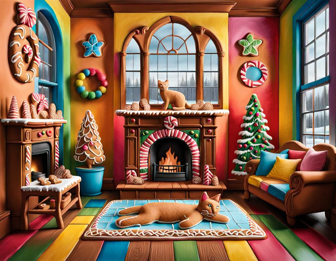 Realistic Gingerbread Cat in Gingerbread House