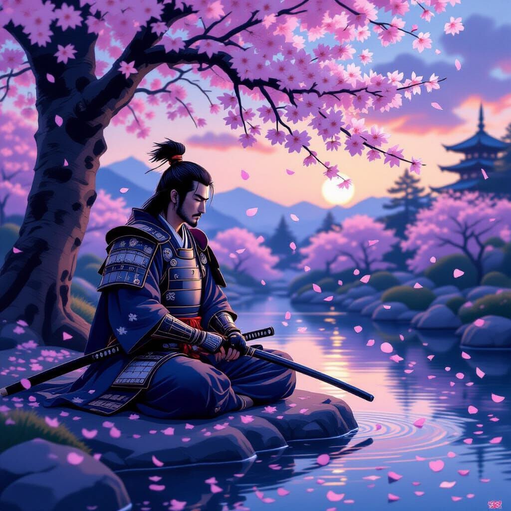 Serene Samurai Meditating Under Cherry Blossoms at Dusk