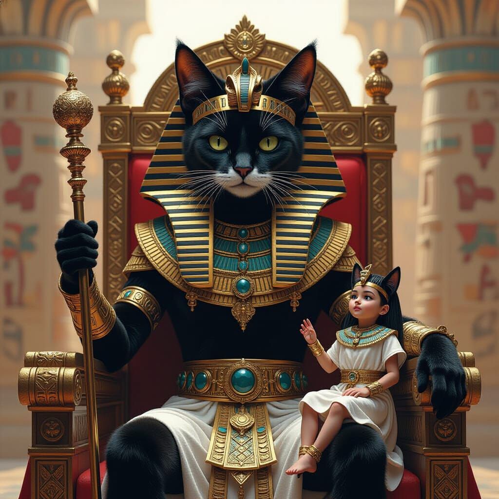 Cat Pharaoh with Tiny Human Pet, Fantasy Art