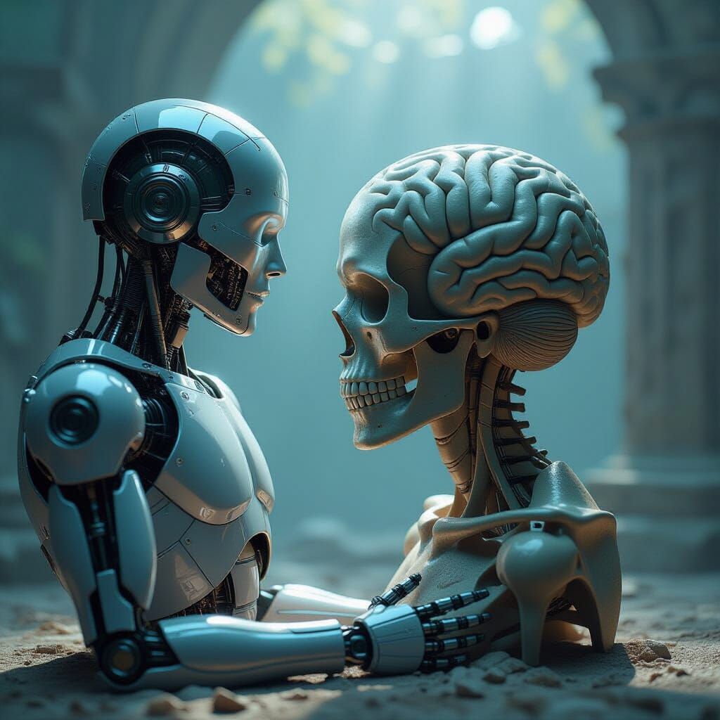 Android Contemplates Ancient Skull Brain in Ethereal Light