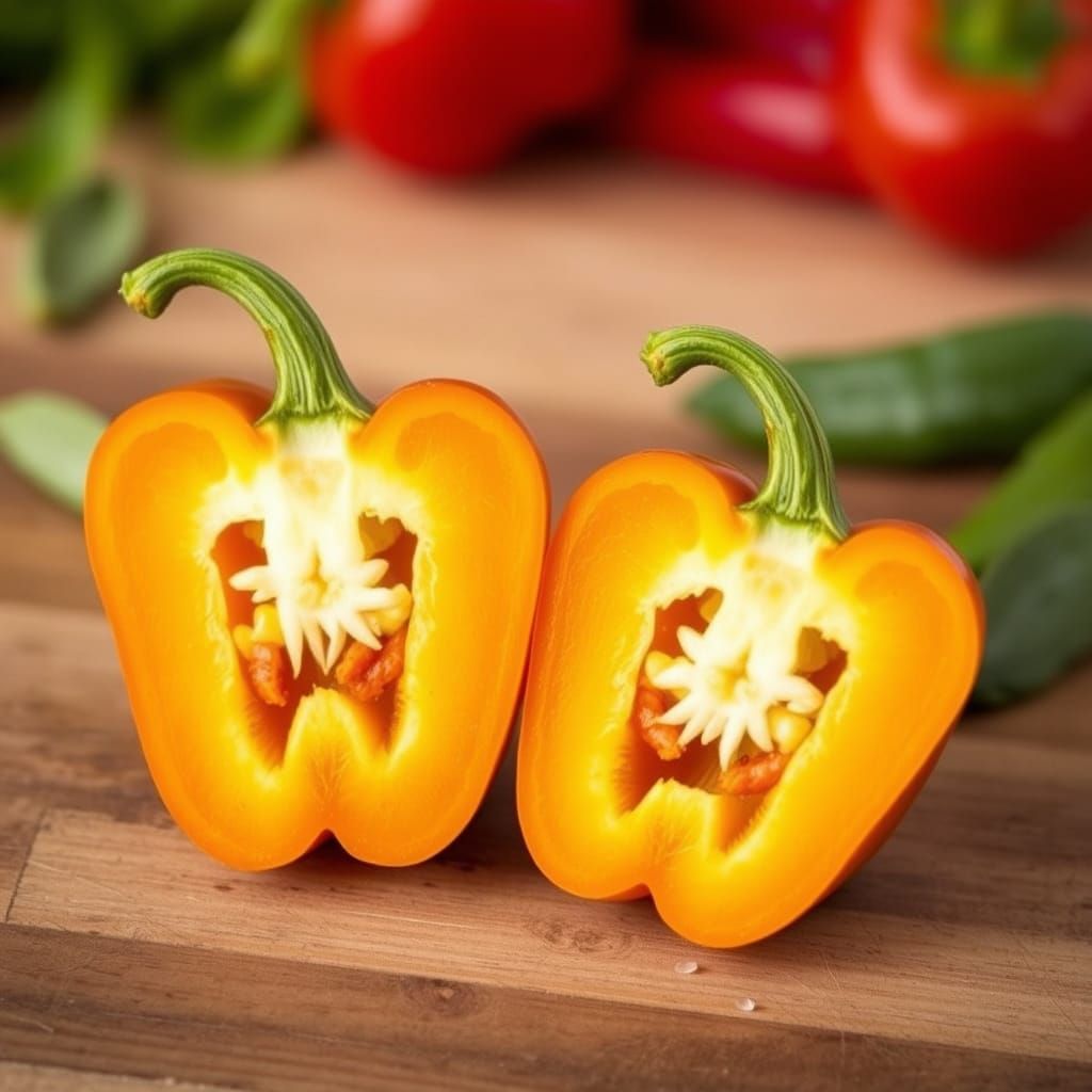 Surreal Still Life of Two Peppers with Seed Eyes