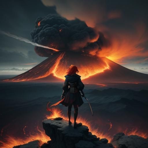 Firebender at Erupting Volcano: Anime-Inspired 3D Art