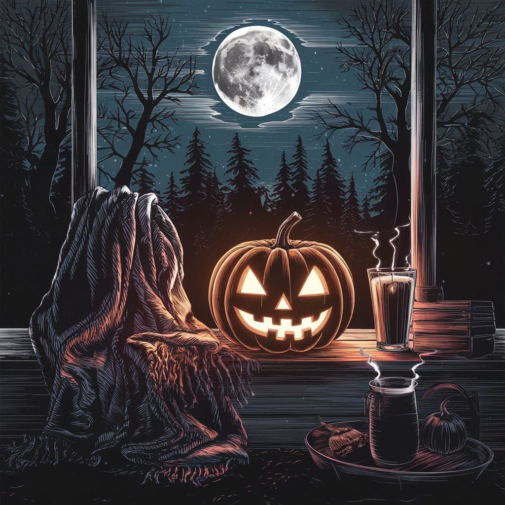 Line Art Jack-o'-Lantern on Porch with Full Moon