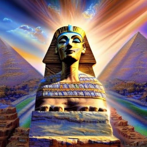 Nefertiti Sphinx with Pyramids in Surreal Style