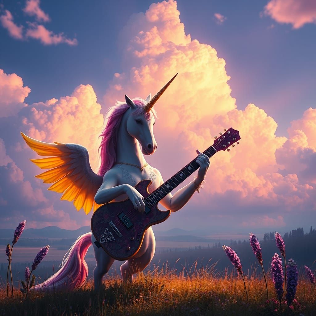 Unicorn Plays Guitar in Dark Fantasy Style