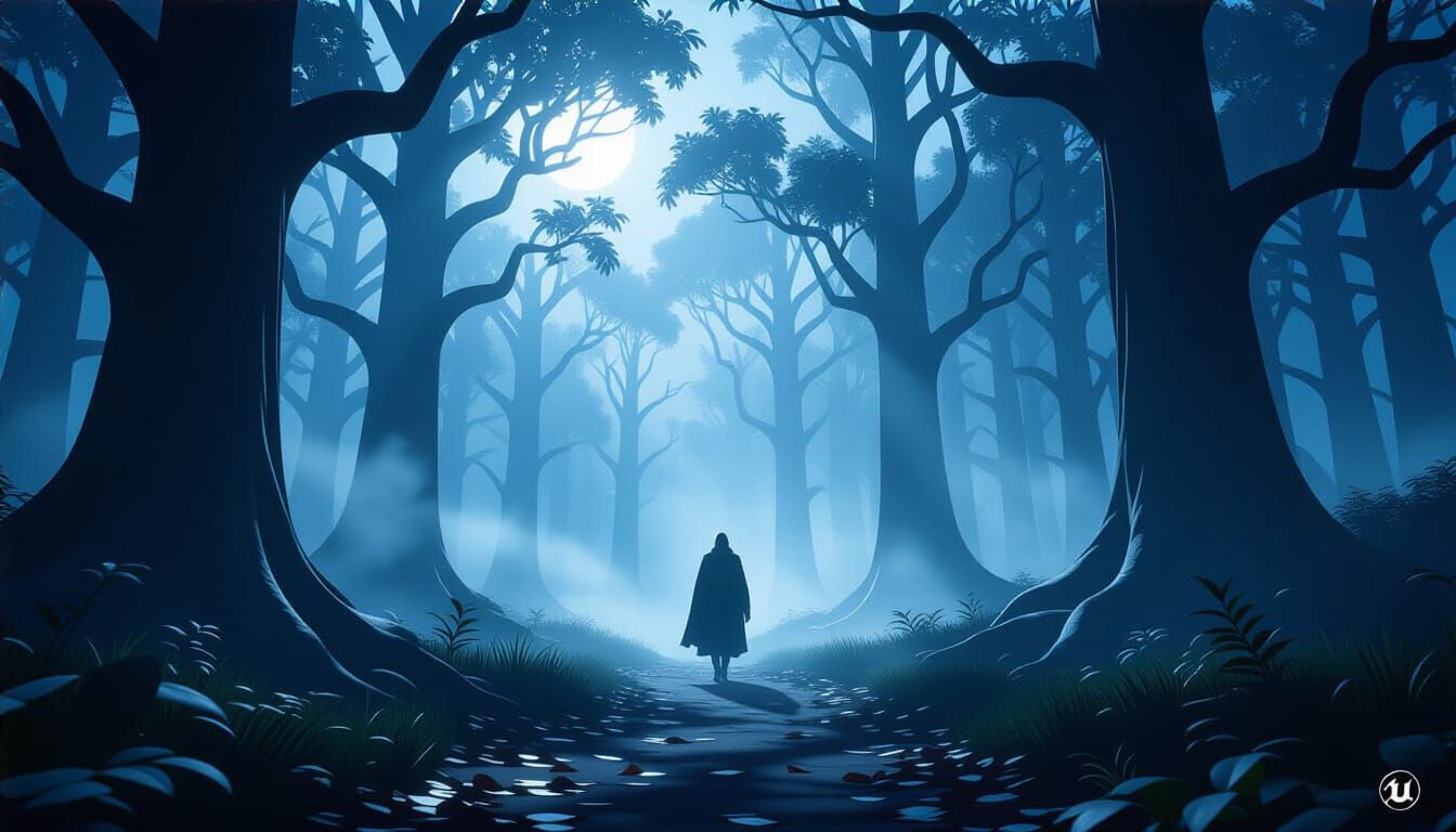 Enchanted Midnight Forest Journey with Ethereal Mist