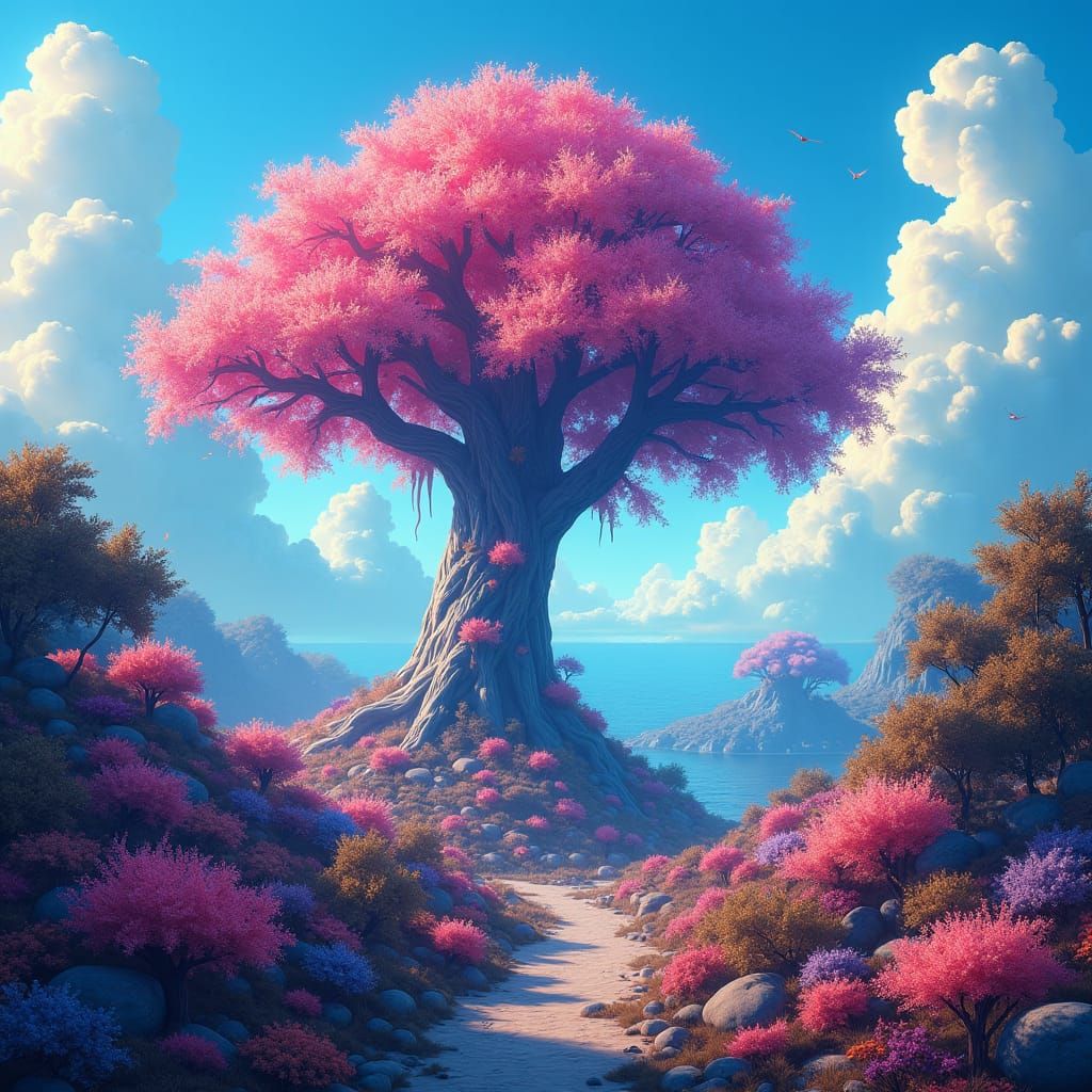 Mystical Glowing Tree in Vibrant Fantasy Landscape