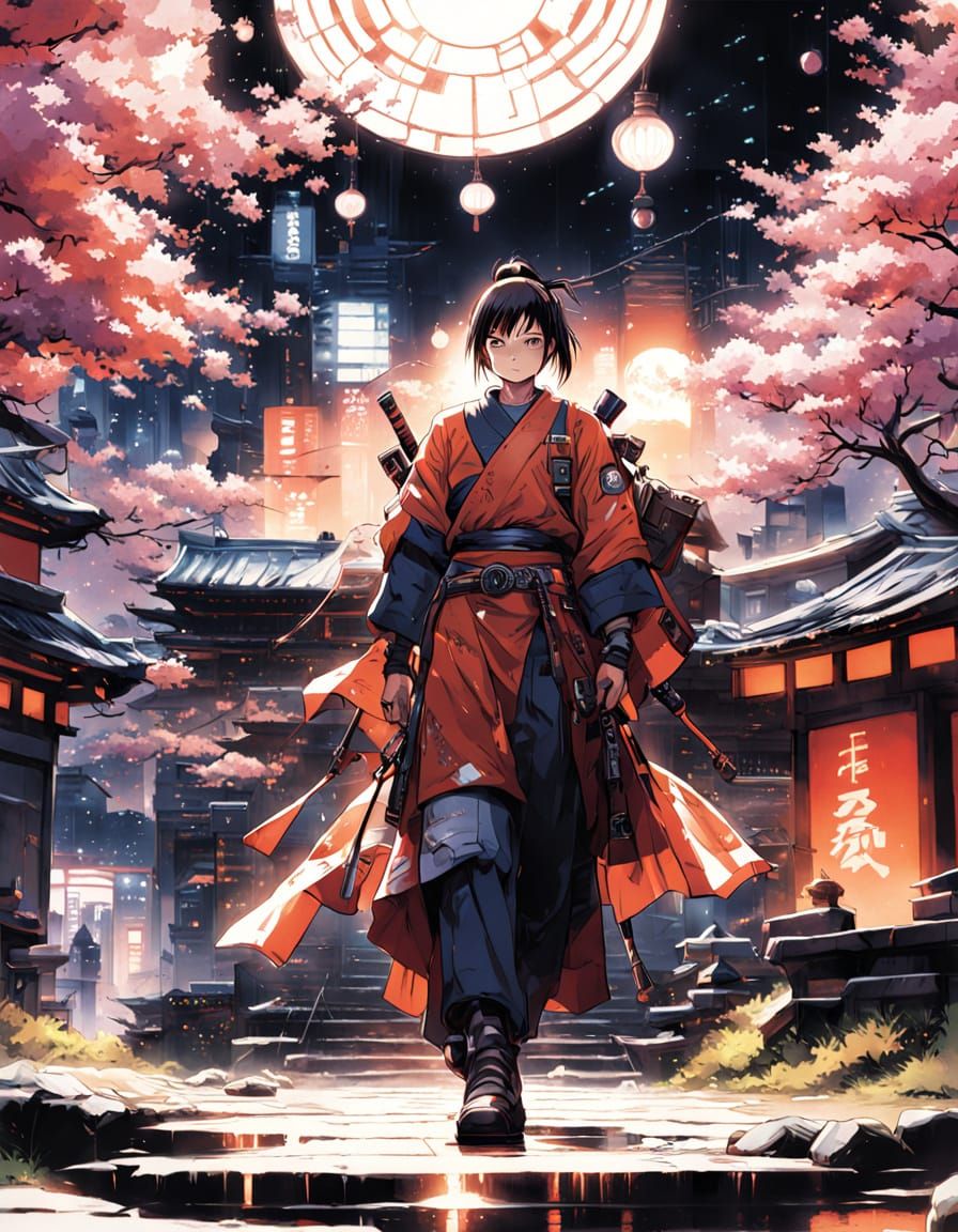 Cyborg Samurai in Neon City: Anime Sci-Fi Poster