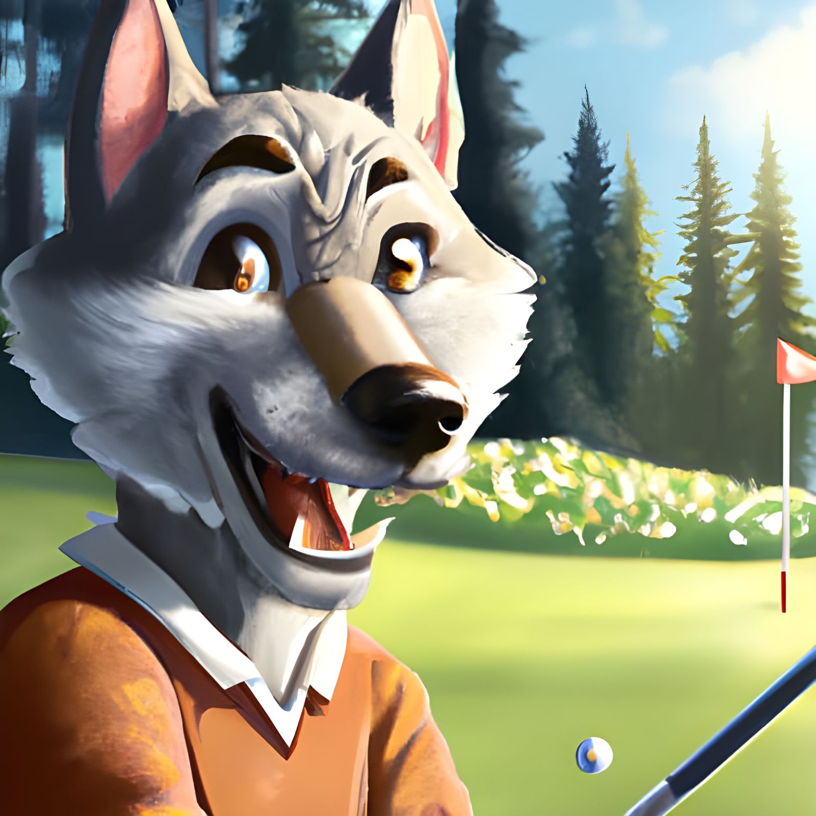 Adorable Golfing Wolf Character in Pixar Disney Style