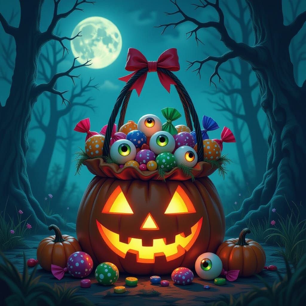 Surreal Halloween Scene: Gnarled Candies and Eyeballs