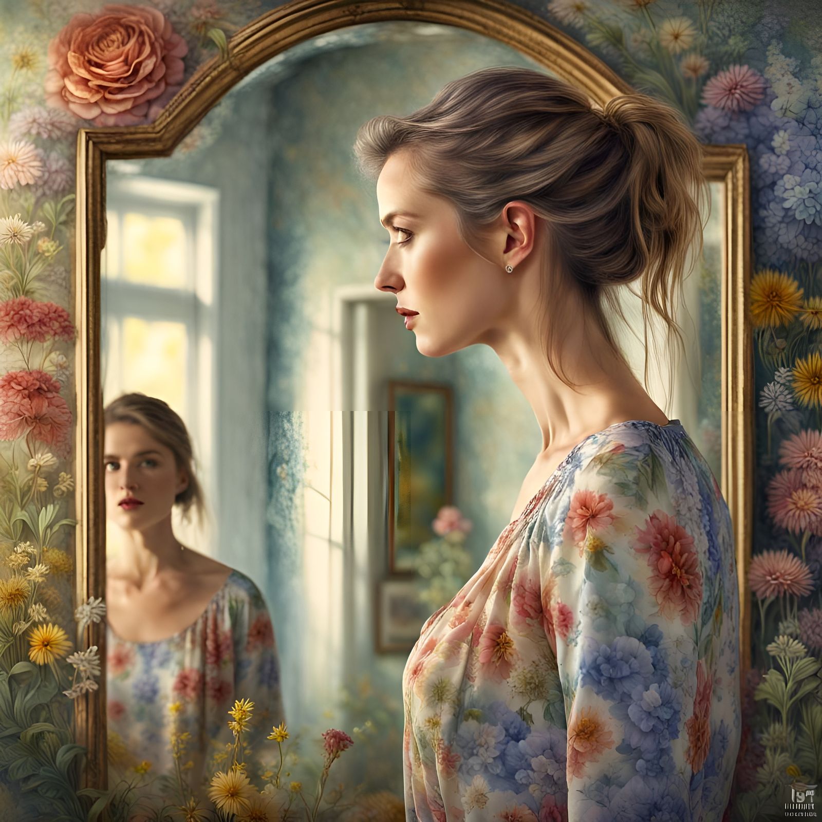 Hyperrealistic Woman in Floral Dress Reflecting