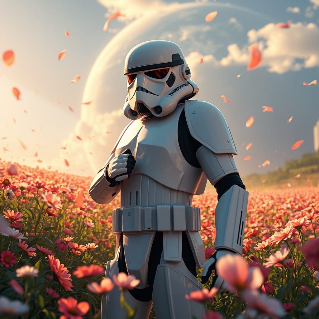 Heroic Stormtrooper Surrounded by Vibrant Flowers in a Seren...