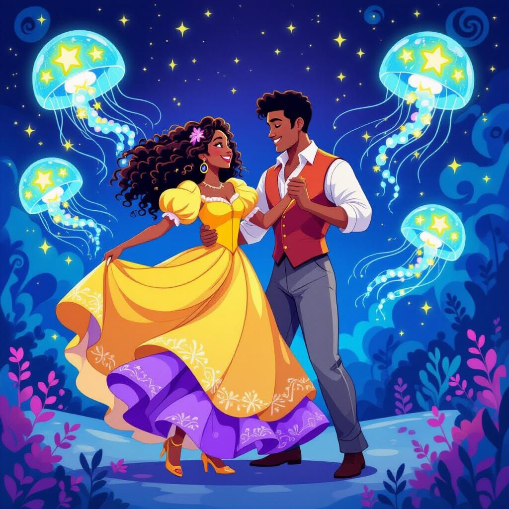 Joyful Couple Dancing in a Cosmic Underwater Dreamscape