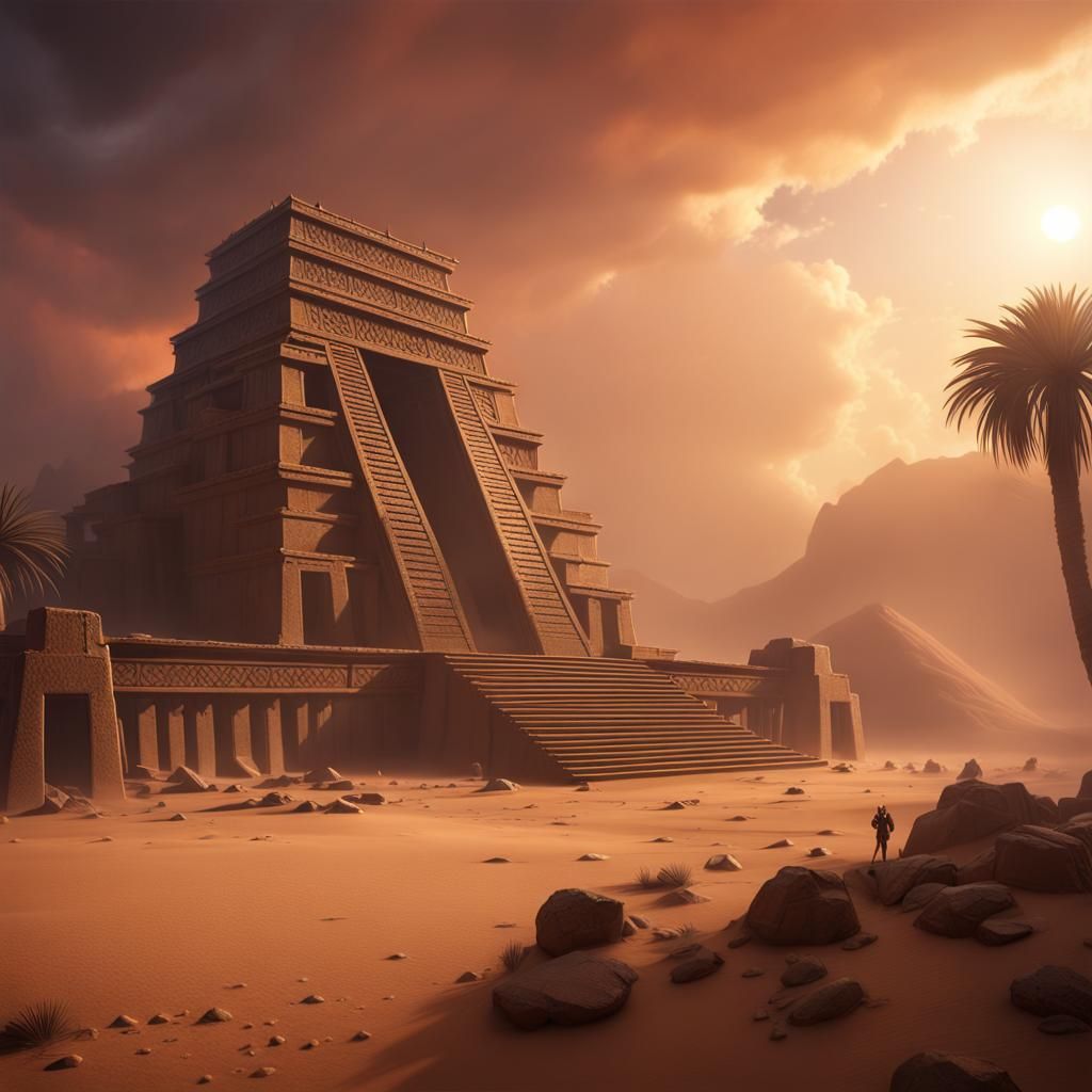 Incan Temple in Desert Sunset: Matte Painting