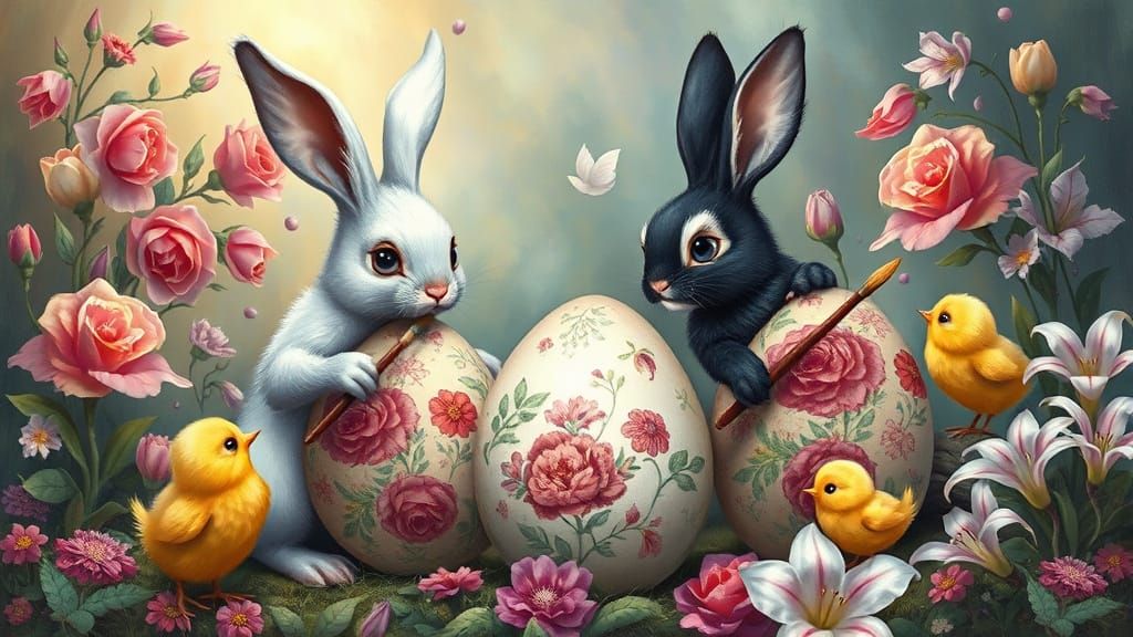 Rabbits and Chicks Painting Easter Eggs