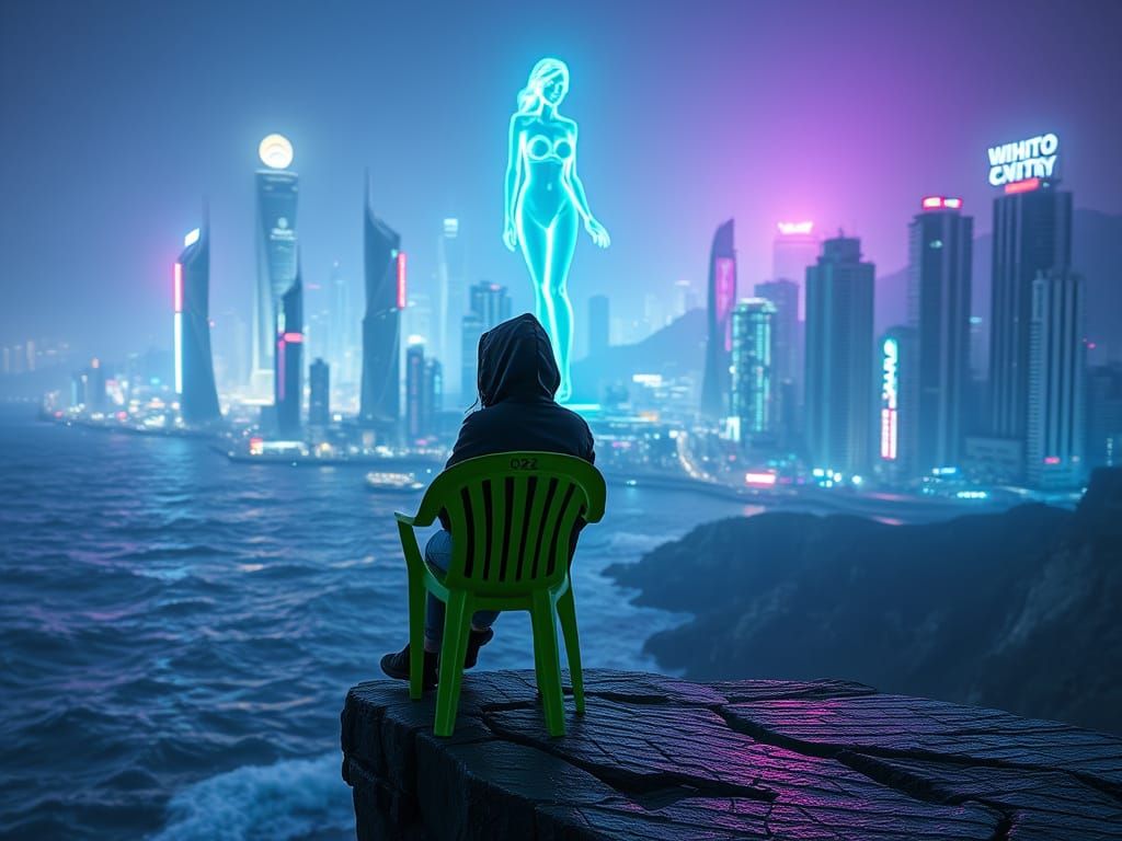 Neon Cityscape with Hooded Girl on Edge of Dystopian Metropo...