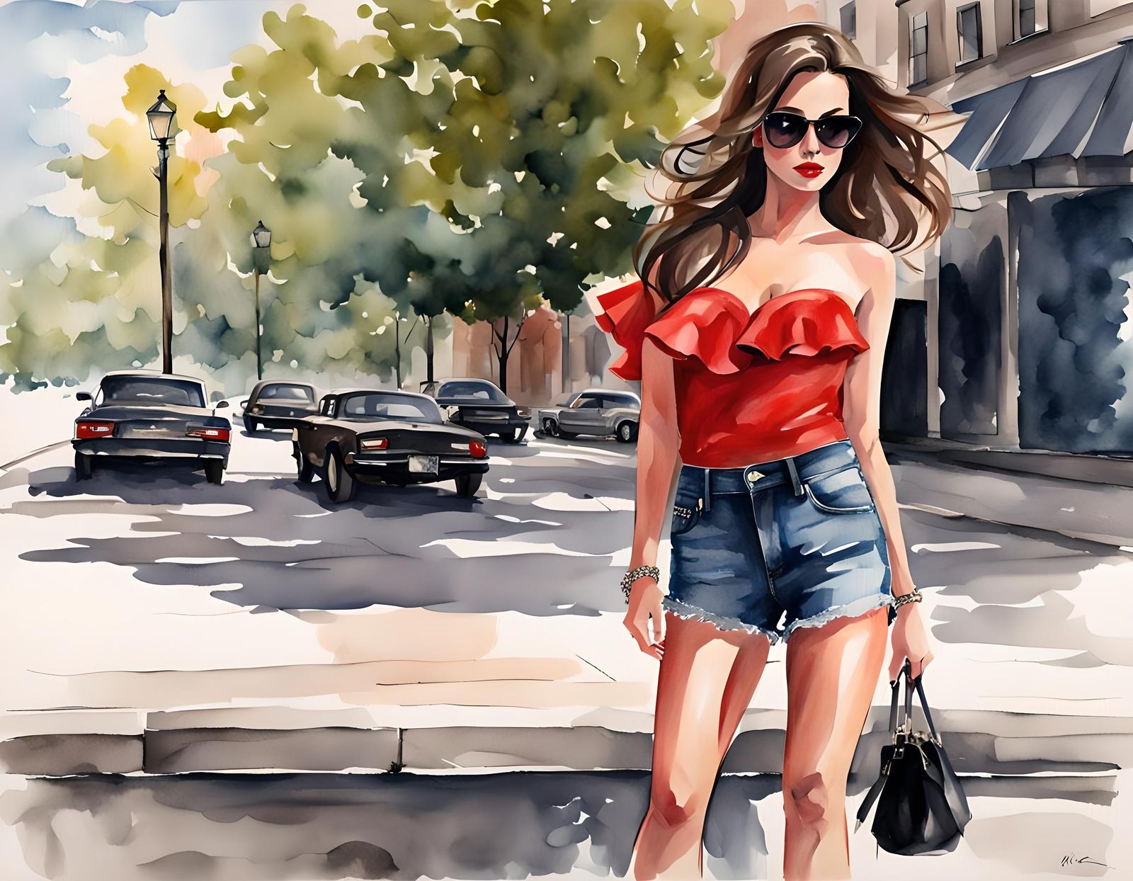 Glamorous Woman in Cityscape: Watercolor Illustration