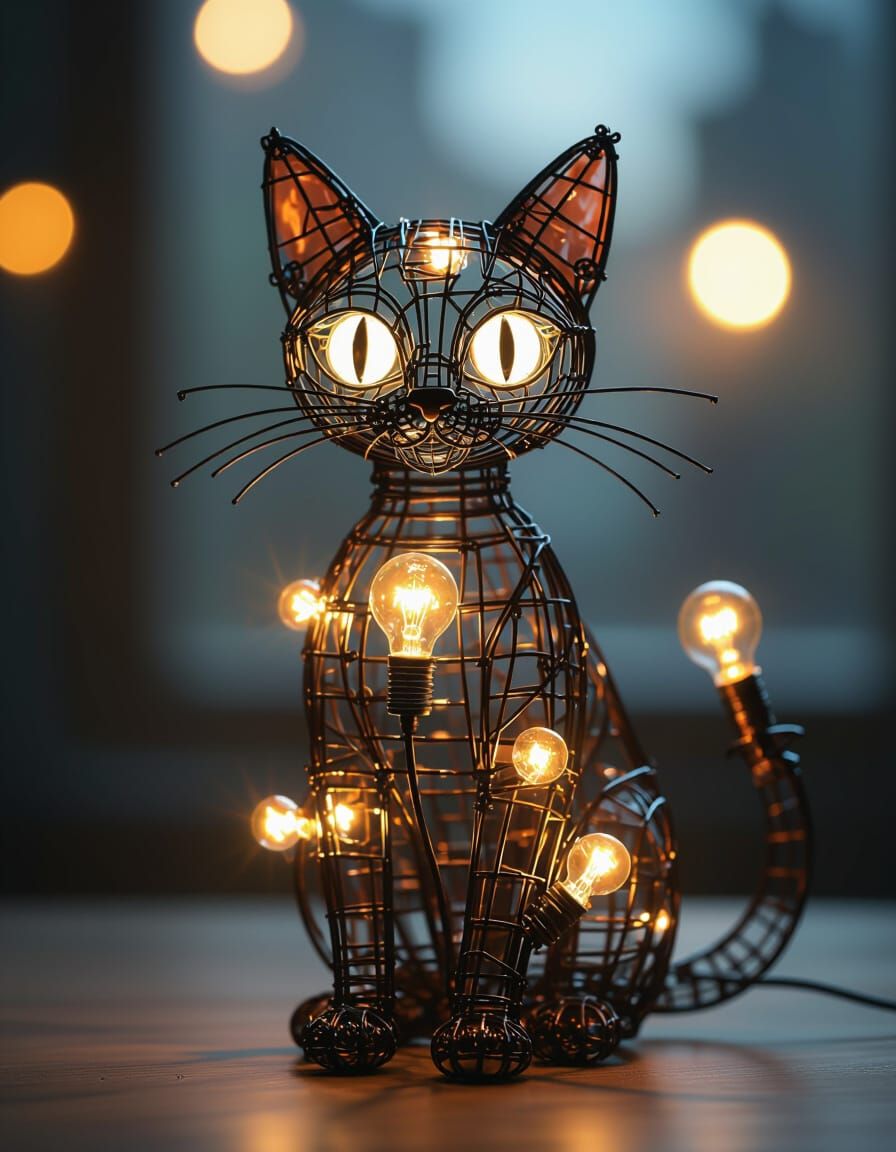 Intricate Wire Cat Sculpture with Glowing Bulbs