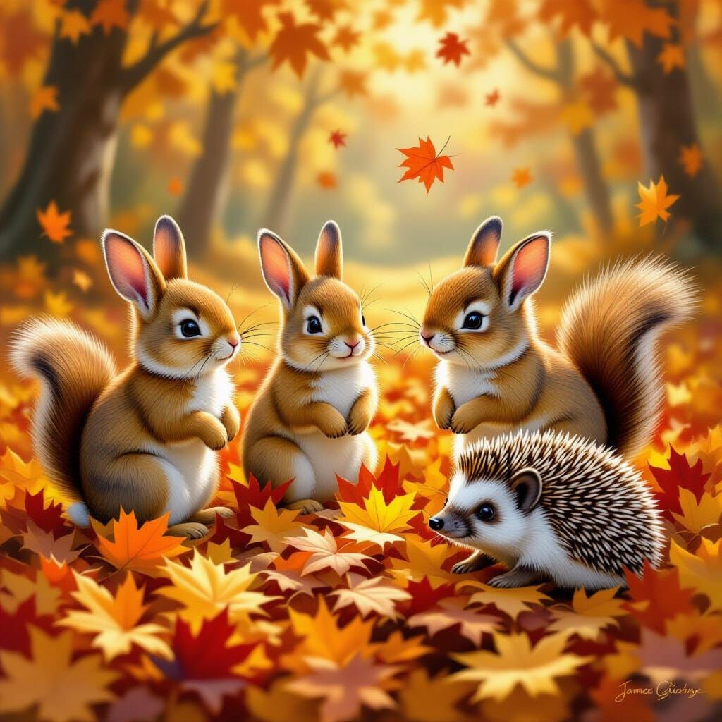 Woodland Creatures Play in Autumn Leaves Oil Painting