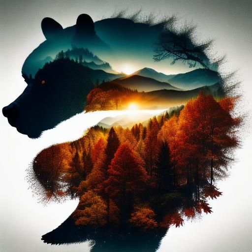Double Exposure Bear Silhouette in Autumn Landscape