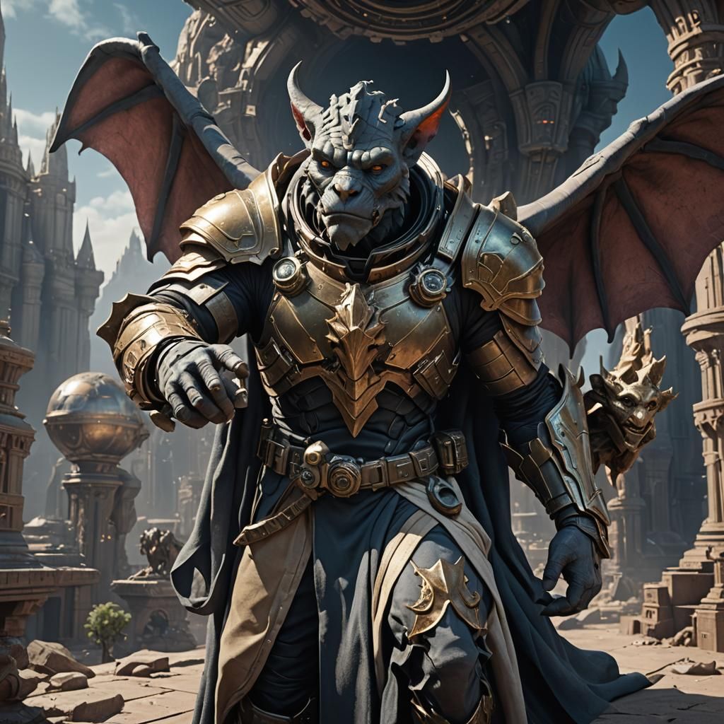 Futuristic Technician with Gargoyle Statue