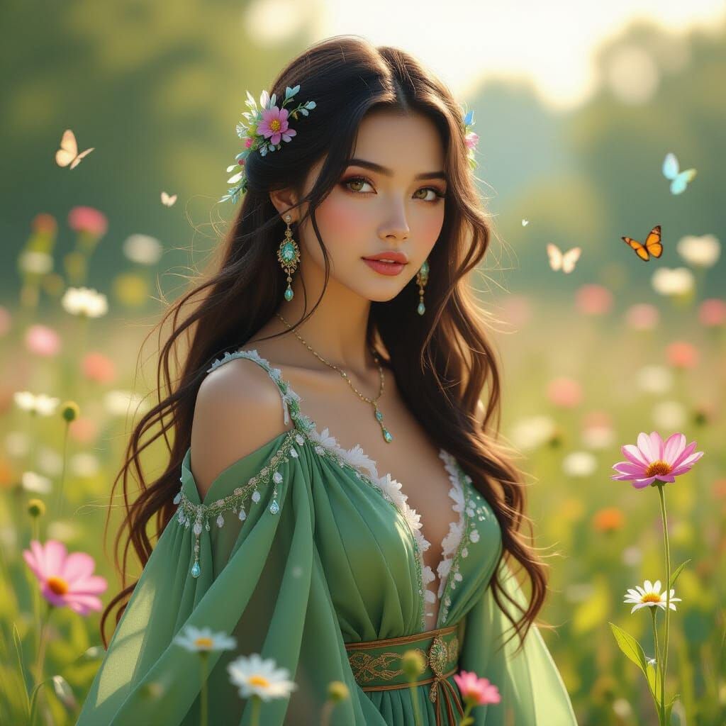 Ethereal Woman with Flower Hair in Art Nouveau Style