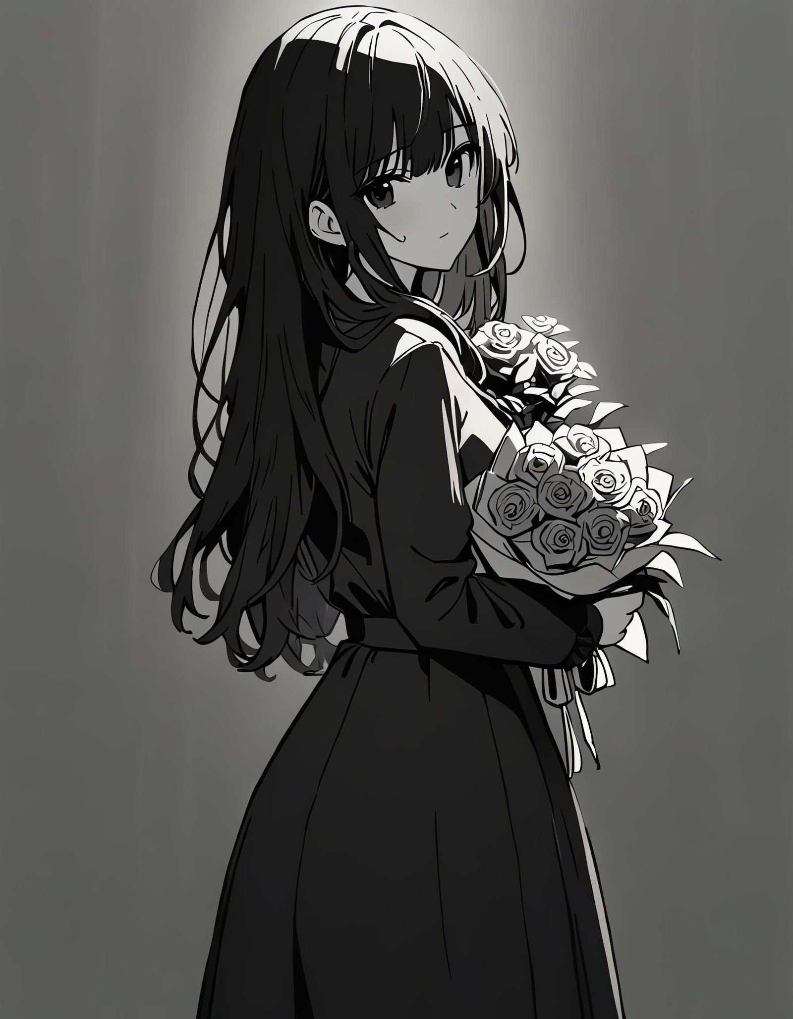 Girl with Roses in Monochrome Cel-Shaded Style